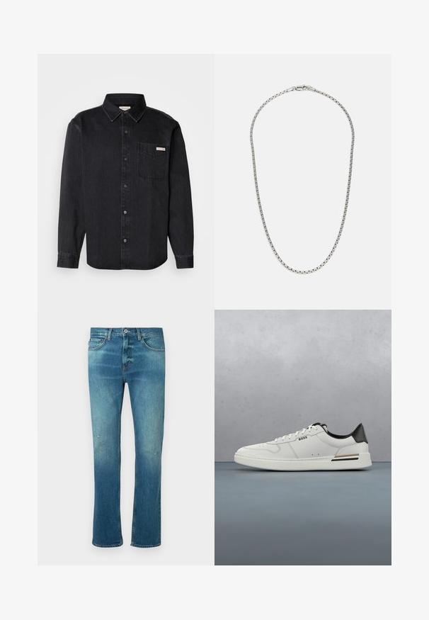 Schwarze Jeanshemd mit spitzem Kragen, langen Ärmeln, einer einzelnen Brusttasche und einem kleinen Markenetikett auf der Tasche.; Blaue Jeans aus Denim mit geradem Schnitt, ausgestattet mit einem leichten Verwaschungseffekt, leichten Abnutzungen an den Knien und klassischem Fünf-Taschen-Design.; Weißer Sneaker mit niedrigem Schnitt und schwarzer Ferse, Schnürverschluss, dezenten Perforationen und "BOSS"-Logo an der Seite, gezeigt von der äußeren Seitenansicht.; Silberne Kettenhalskette mit einem abwechselnden Glieddesign. Sie verfügt über flache, rechteckige Glieder und einen sicheren Verschluss, mit durchgehend glatter Oberfläche.