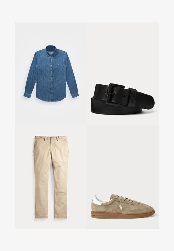 Denimhemd mit langen Ärmeln, Button-Down-Kragen und einem dezenten vertikalen Streifenmuster in einem mittelblauen Farbton mit einem Logo-Akzent.; Beige Chinos mit flacher Front, Gürtelschlaufen, Seitentaschen und Knopfverschluss an der Taille auf weißem Hintergrund.; Wildledersneaker in Beige mit weißen Akzenten, runder Zehenform und Schnürdesign. Mit eingeprägtem Logo und Gummisohle für besseren Halt.; Schwarzer Ledergürtel mit schwarzer rechteckiger Schnalle und eingeprägtem Logo an der Gürtelschlaufe, zusammengerollt auf einem schlichten hellen Hintergrund.