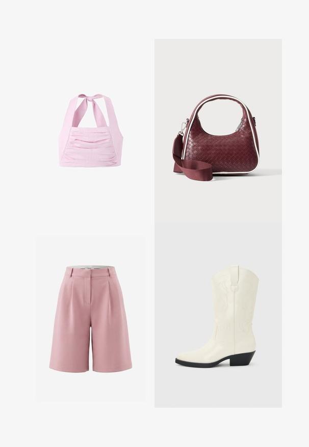 Top court licou rose clair avec un nœud noué au niveau du cou et un détail en tissu plissé horizontal à l'avant.; Shorts roses taille haute ajustés avec passants de ceinture, plis avant et fermeture dissimulée, présentés sur un fond uni.; Botte blanche de style western mi-mollet avec bout pointu, talon empilé noir, coutures décoratives et languette de tirage sur la tige.; Sac à main en cuir tressé marron foncé avec poignée courbée, garniture blanche, fermeture éclair argentée et bandoulière large en tissu amovible sur fond uni.