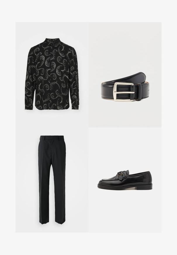 Chemise noire à boutons avec des motifs en paisley blancs tourbillonnants, manches longues et col classique, fabriquée en tissu léger.; Pantalons noirs avec une coupe droite, en tissu lisse. Dispose d'une taille plate et sans motifs ni embellissements visibles.; Mocassins en cuir noir avec un bout arrondi et une boucle décorative. Talon plat, solide et texture lisse sur l'ensemble.; Ceinture en cuir noir enroulée avec une boucle métallique rectangulaire argentée et des coutures visibles le long des bords.