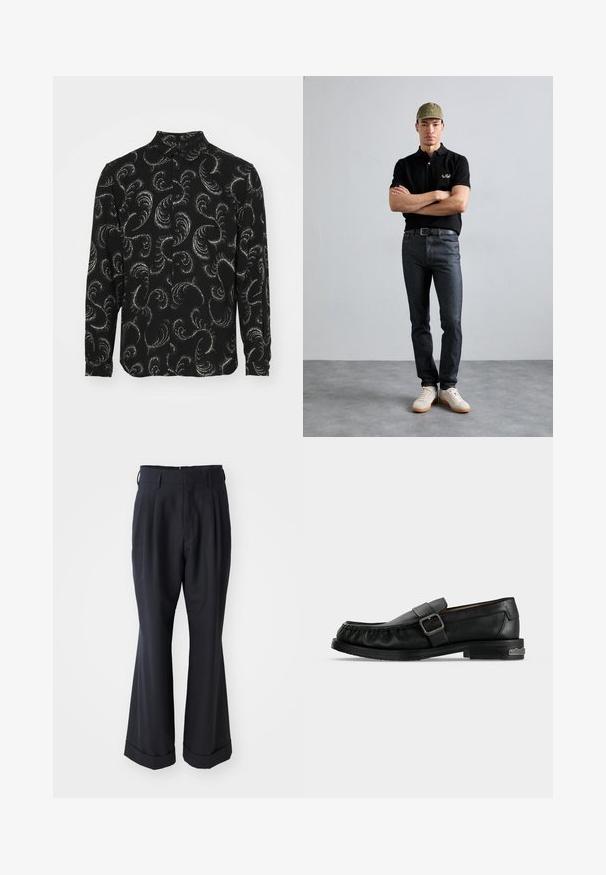 Chemise noire à boutons avec des motifs en paisley blancs tourbillonnants, manches longues et col classique, fabriquée en tissu léger.; Pantalons noirs ajustés avec une coupe décontractée, devant plissé et jambes larges. Caractéristiques d'un ourlet à retournement et d'une texture de tissu lisse.; Mocassin en cuir noir avec une bride à boucle, détails cousus autour de la pointe, et un petit talon avec un accent métallique.; T-shirt polo noir avec logo doré, jeans en denim foncé et chaussures claires. Casquette olive avec logo. Modèle se tient les bras croisés contre un fond texturé.
