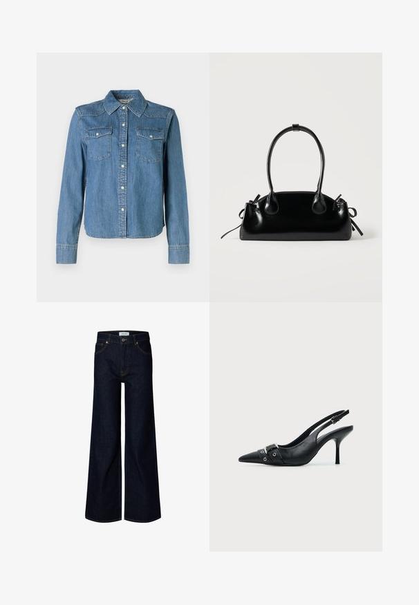 La chemise en denim présente une teinte bleu clair, un col classique et deux poches poitrine. Elle est dotée de boutons-pression et de manches longues avec des poignets à boutons.; Jean en denim bleu foncé à jambes larges avec bouton et fermeture éclair à l'avant, passants de ceinture et poches avant, présenté sur fond blanc.; Escarpin slingback à talon haut en cuir noir avec bout pointu, boucle et détail de bride œillet à l'avant.; Petit sac à main noir brillant avec deux longues anses et des détails à cordon sur les côtés sur un fond clair uni.