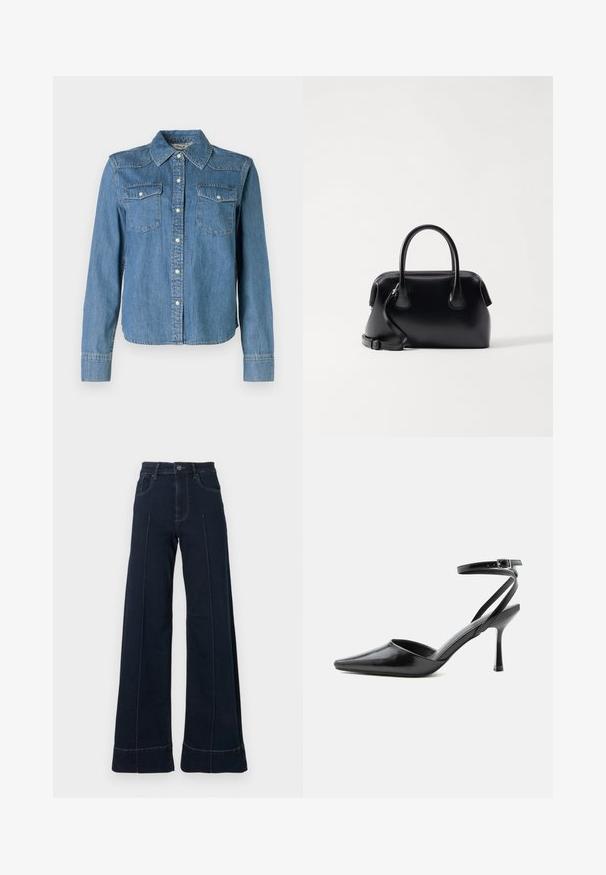 La chemise en denim présente une teinte bleu clair, un col classique et deux poches poitrine. Elle est dotée de boutons-pression et de manches longues avec des poignets à boutons.; Jean large bleu foncé à taille haute, avec des poches avant et des coutures visibles. Fabriqué en denim avec une texture lisse.; Escarpin noir à bout pointu avec fines brides de cheville et fermeture à boucle argentée sur fond clair uni.; Osoi BOAT BROT - Sac à main - black