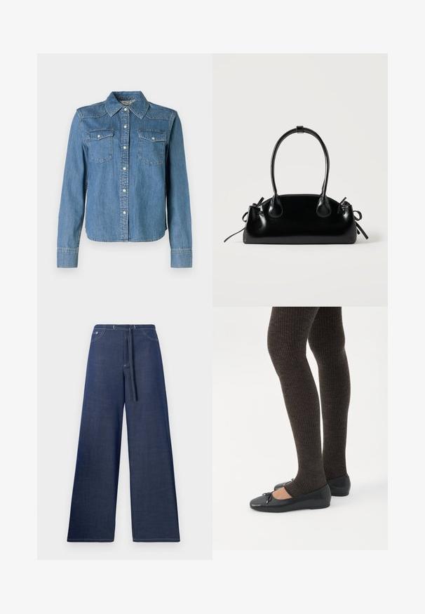 La chemise en denim présente une teinte bleu clair, un col classique et deux poches poitrine. Elle est dotée de boutons-pression et de manches longues avec des poignets à boutons.; Pantalon en denim à jambes larges, couleur bleu foncé, avec une taille à cordon, des poches avant et des coutures blanches contrastantes.; Jambes portant des leggings côtelés foncés associés à des ballerines noires avec de petits détails en nœud sur fond blanc.; Petit sac à main noir brillant avec deux longues anses et des détails à cordon sur les côtés sur un fond clair uni.
