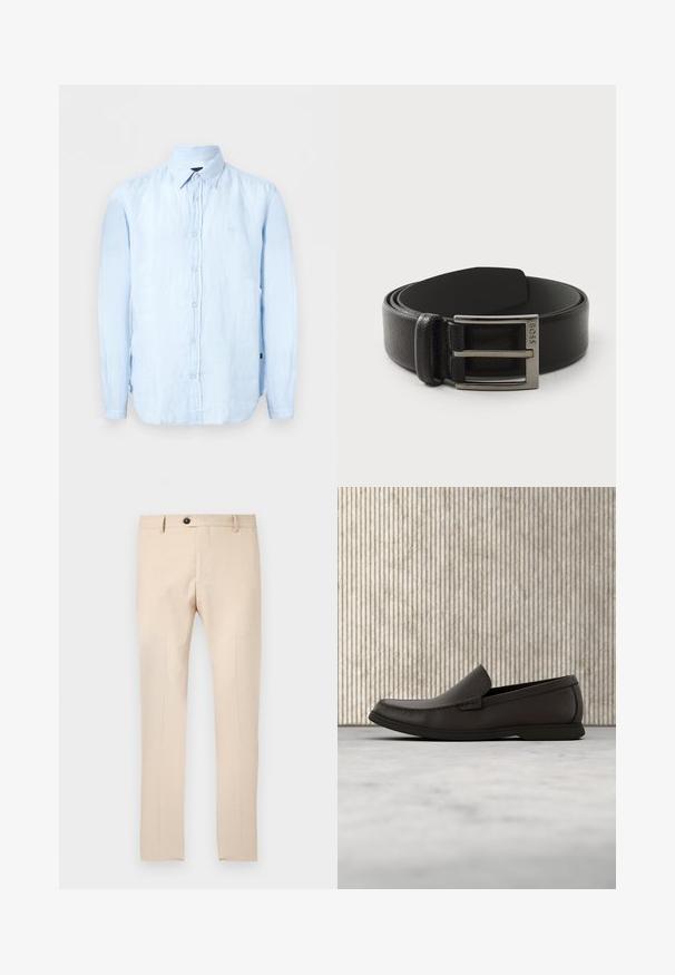 Chemise bleu clair à manches longues avec boutons et col pointu, fabriquée dans un tissu légèrement texturé.; Pantalon beige ajusté pour femme avec passants pour ceinture, bouton avant, fermeture éclair, et plis marqués sur les jambes.; Mocassin en cuir marron foncé sans lacets avec semelle blanche en caoutchouc et détails cousus, présenté de profil sur un fond neutre.; Ceinture en cuir noir avec une texture lisse, dotée d'une boucle rectangulaire en ton argent et d'un logo de marque embossé sur le métal.