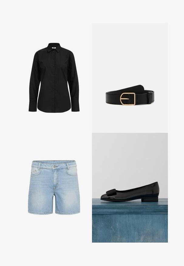 Schwarzes Langarm-Hemd mit Knöpfen aus glattem Stoff, mit klassischem Kragen, vorderen Knöpfen und taillierter Passform.; Hellblaue Jeansshorts mit Knopf- und Reißverschluss, Vorder- und Münztaschen sowie Gürtelschlaufen, gezeigt vor weißem Hintergrund.; Schwarze Lack-Ballettschuhe mit runder Zehe, die an der Vorderseite mit einer Schleifenakzentuierung versehen sind und einen niedrigen, runden Absatz haben. Glatte, glänzende Oberfläche.; Schwarzer Leder-Gürtel mit einer goldenen quadratischen Schnalle. Verfügt über eine glatte Textur und ein klassisches Design, das sowohl für legere als auch für formelle Anlässe geeignet ist.