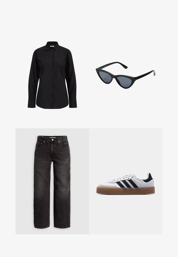 Schwarzes Langarm-Hemd mit Knöpfen aus glattem Stoff, mit klassischem Kragen, vorderen Knöpfen und taillierter Passform.; Levi's® BAGGY DAD - Baggy Jeans - shrink up; Weiße Leder Sneakers mit schwarzen Streifen, Gummigummi-Außensohle, runder Zehenform, Schnürverschluss und weichem grauem Wildleder-Zehenkappe.; Schwarze Cat-Eye-Sonnenbrille mit dunkelgrauen Gläsern, schlankem Kunststoffrahmen, spitzen Ecken und geraden Bügeln. Keine sichtbaren Befestigungen oder Akzente.