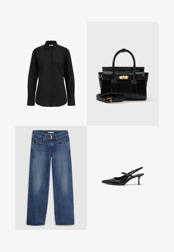 Schwarzes Langarm-Hemd mit Knöpfen aus glattem Stoff, mit klassischem Kragen, vorderen Knöpfen und taillierter Passform.; Blaue Jeans im weit geschnittenen Denim-Stil mit Knopfverschluss, Fünf-Taschen-Design, leichter Ausbleichung an den Oberschenkeln und Nähakzenten an den Nähten.; Schwarze Leder Slingback-Absätze mit einer spitzen Zehenform, schmalem verstellbarem Riemen und einem etwa 5 cm hohen Stiletto-Absatz, glatte Textur.; Schwarze Handtasche mit Krokodilstruktur, zwei Griffen, abnehmbarem Riemen und einem goldfarbenen rechteckigen Verschluss auf der vorderen Klappe.