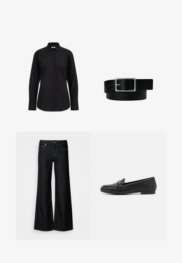 Schwarzes Langarm-Hemd mit Knöpfen aus glattem Stoff, mit klassischem Kragen, vorderen Knöpfen und taillierter Passform.; Dunkelblaue Jeans mit weitem Bein, hoher Taille, fünf Taschen und kontrastierenden gelben Nähten entlang der Nähte.; Schwarze Lederloafers mit runder Zehenpartie, versehen mit einem goldfarbenen Hardware-Akzent und einem niedrigen, flachen Absatz für optimalen Tragekomfort.; Schwarzer Ledergürtel mit silberner rechteckiger Schnalle und mehreren Verstelllöchern, flach auf weißem Hintergrund liegend.