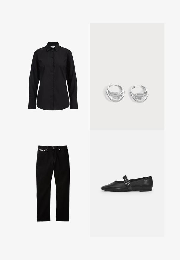 Schwarzes Langarm-Hemd mit Knöpfen aus glattem Stoff, mit klassischem Kragen, vorderen Knöpfen und taillierter Passform.; Schwarze Jeans aus Denim mit geradem Bein, ausgestattet mit Knopf- und Reißverschluss, fünf Taschen und einem kleinen Logetikett am Bund.; Schwarzer Lederflatschuh mit runder Zehenform, einem verstellbaren Schnallenriemen und einer glatten, glänzenden Oberfläche. Minimalistisches Design mit einem niedrigen Absatz.; Paar polierte silberne Creolen mit geschichtetem, gebogenem Stabdesign auf einem einfarbigen hellen Hintergrund.