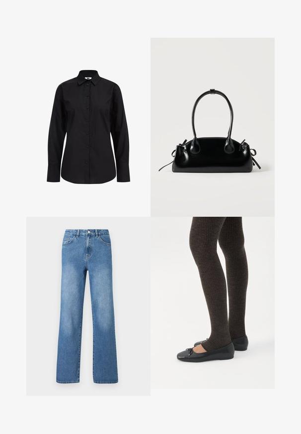 Chemise noire à manches longues, boutonnée, en tissu lisse, avec un col classique, des boutons sur le devant et une coupe ajustée.; Jeans en denim bleu clair avec une taille haute, un design à jambes larges, cinq poches et des détails de couture visibles. Texture lisse avec un léger délavage.; Jambes portant des leggings côtelés foncés associés à des ballerines noires avec de petits détails en nœud sur fond blanc.; Petit sac à main noir brillant avec deux longues anses et des détails à cordon sur les côtés sur un fond clair uni.