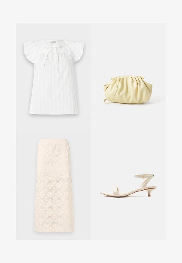 Blouse blanche avec des manches courtes à volants, un buste froncé et un détail de nouage à l'avant. Présente des rayures verticales et un col rond.; Jupe crayon beige en dentelle longueur genou avec un motif floral circulaire et un ourlet droit.; Sandale beige à talon bas avec une bride unique pour les orteils et une bride de cheville ajustable ornée d'une petite boucle en or, sur fond blanc.; Sac à main plissé jaune en simili cuir lisse, arborant une forme douce avec une bandoulière unique et un design froncé sur le dessus.