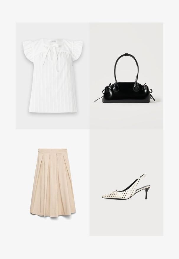 Blouse blanche avec des manches courtes à volants, un buste froncé et un détail de nouage à l'avant. Présente des rayures verticales et un col rond.; Jupe midi beige avec taille haute et plis devant, silhouette évasée et tissu lisse.; Chaussure à talon haut en cuir blanc à bride arrière avec des pois noirs et un petit nœud décoratif sur l’orteil pointu, sur fond uni.; Petit sac à main noir brillant avec deux longues anses et des détails à cordon sur les côtés sur un fond clair uni.