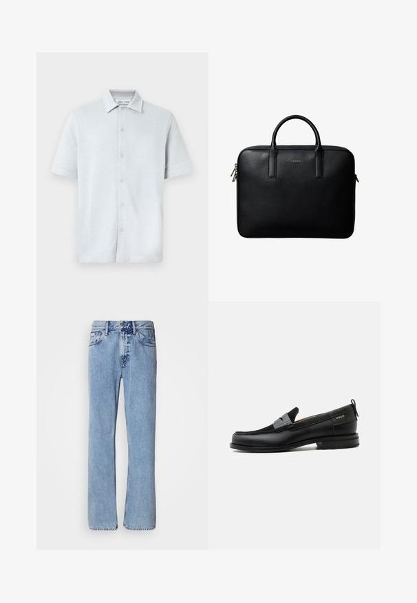 Kortærmet skjorte med krave i lyseblåt, tekstureret stof med diamantmønster, med knaplukning foran og lige kant.; Lyseblå denimjeans med lige ben design, fem lommer og knaplukning. Syninger nær lommer og talje.; Sort læderloafer med grå remdetalje, lav hæl og tekstureret sål, mærket med "HUGO" i guld på siden.; Sort tekstureret lædermappe med dobbelte håndtag og sølv lynlås, centreret på hvid baggrund.