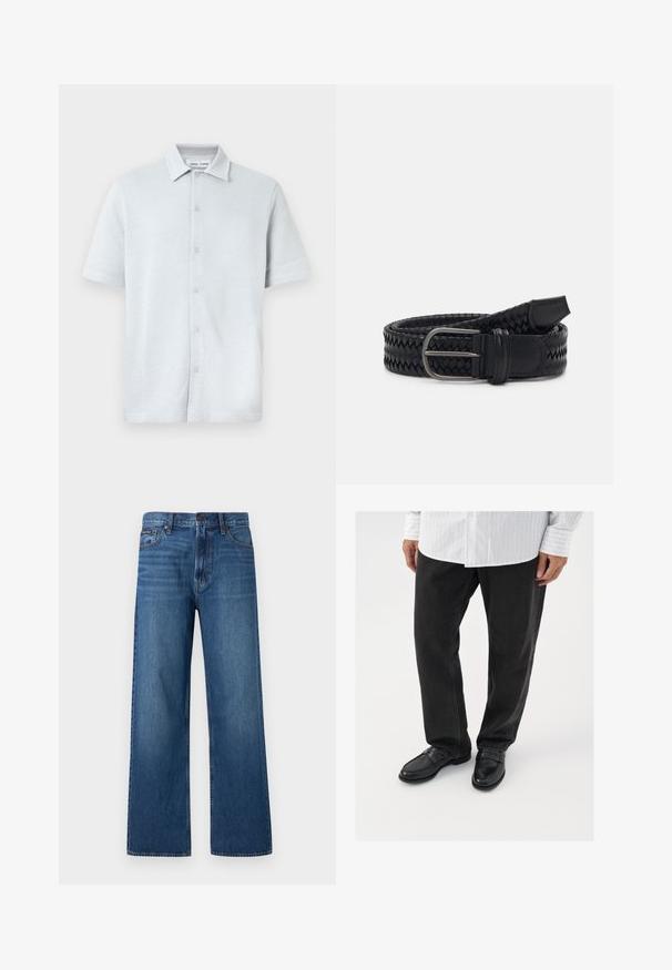 Kurzärmliges Hemd mit Kragen in Hellblau, strukturiertem Stoff mit Rautenmuster, mit durchgehender Knopfleiste vorne und geradem Saum.; Blaue, hoch taillierte Jeans mit geradem Bein, Frontknopf und Reißverschluss, fünf Taschen und einem kleinen Markenpatch auf der rechten Tasche.; Schwarze Jeans kombiniert mit glänzenden schwarzen Slippern. Das Hemd ist weiß mit dünnen vertikalen Streifen, hat lange Ärmel und einen geknöpften Kragen.; Schwarzer geflochtener Leder-Gürtel mit einer Schnalle aus Silbermetal, mit glatten Lederelementen an der Schnalle und der Spitze, entworfen für Langlebigkeit.