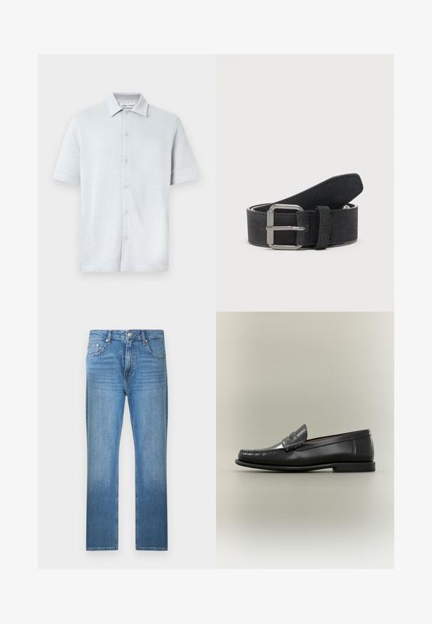 Kortærmet skjorte med krave i lyseblåt, tekstureret stof med diamantmønster, med knaplukning foran og lige kant.; Blå jeans med lige ben og falmet vask, frontknap og lynlås, samt design med fem lommer mod en ensartet hvid baggrund.; Sort læder herresko med moc-toe-design, penny-rem og lav hæl på en neutral baggrund.; Sort ruskindsbælte rullet sammen med rektangulært sølvmetalspænde og syet bæltesløjfe på ensfarvet baggrund.