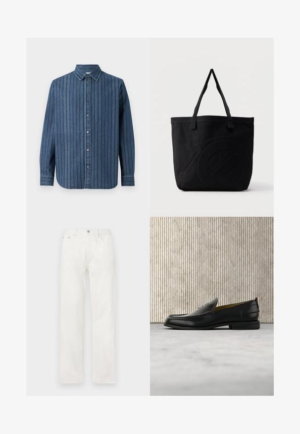 Samsøe Samsøe SADAMON SHIRT - Hemd - denim; Gerade geschnittene weiße Denim-Jeans mit Vordertaschen, Gürtelschlaufen und Knopfverschluss in der Taille, vor einem einfarbigen Hintergrund gezeigt.; Schwarzer Herren-Slipper aus Leder mit einer krokogeprägten Vorderkappe und einem niedrigen Absatz, im Profil vor neutralem Hintergrund gezeigt.; Schwarze Canvas-Shopper-Tasche mit zwei Schulterriemen und einem dezenten, eingeprägten kreisförmigen Design auf der Vorderseite.