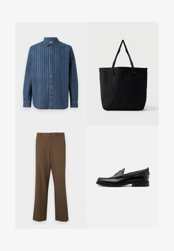 Samsøe Samsøe SADAMON SHIRT - Hemd - denim; Braune, gerade geschnittene Hosen aus strukturiertem Stoff, mit Knopfverschluss und normalem Bund, seitlichen Taschen und taillierten Nähten.; Schwarzer Leder-Herrenschuh mit Mokassinnaht, Penny-Riemen, strukturiertem Kragen und niedrigem gestapeltem Absatz auf weißem Hintergrund.; Schwarze Canvas-Shopper-Tasche mit zwei Schulterriemen und einem dezenten, eingeprägten kreisförmigen Design auf der Vorderseite.