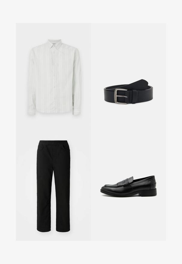 Camisa de manga larga gris claro con rayas verticales blancas, con botones en el frente y un cuello clásico. Presenta detalles en los puños de las mangas.; Pantalones de algodón negros con un ajuste relajado, cinturilla elástica, dos bolsillos delanteros y piernas rectas. Textura suave sin patrones visibles.; Mocasín negro de cuero para hombre con detalle de borlas, punta redondeada, tacón bajo y acabado liso y pulido, mostrado de lado sobre un fondo blanco.; Cinturón de cuero negro con hebilla de metal plateado, que presenta un acabado liso y un diseño clásico. El cinturón está enrollado con el extremo apuntando.