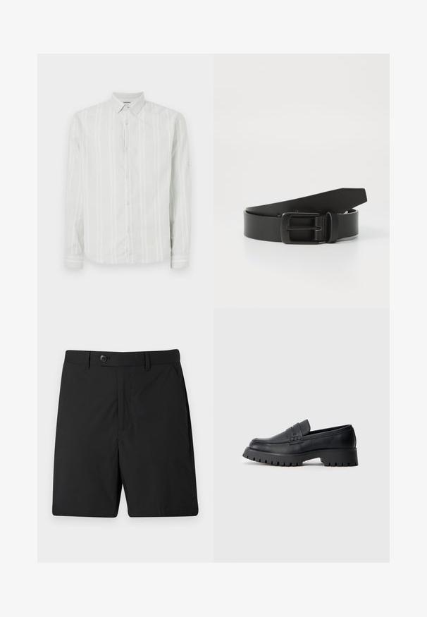 Lichtgrijs langemouwen shirt met witte verticale strepen, knopenlijst aan de voorkant en een klassieke kraag. Bevat manchetdetails op de mouwen.; Zwarte shorts van lichtgewicht stof, met een knoopsluiting, twee zijzakken en een rechte snit. Soepele textuur en eenvoudig ontwerp.; Zwarte leren instappers met een ronde neus, voorzien van een decoratieve riem en een stevige rubberen zool met diepe groeven voor grip.; Zwarte leren riem met een matte zwarte metalen gesp, met een gladde textuur en eenvoudig ontwerp. Verstelbare lengte met een taps toelopend uiteinde.