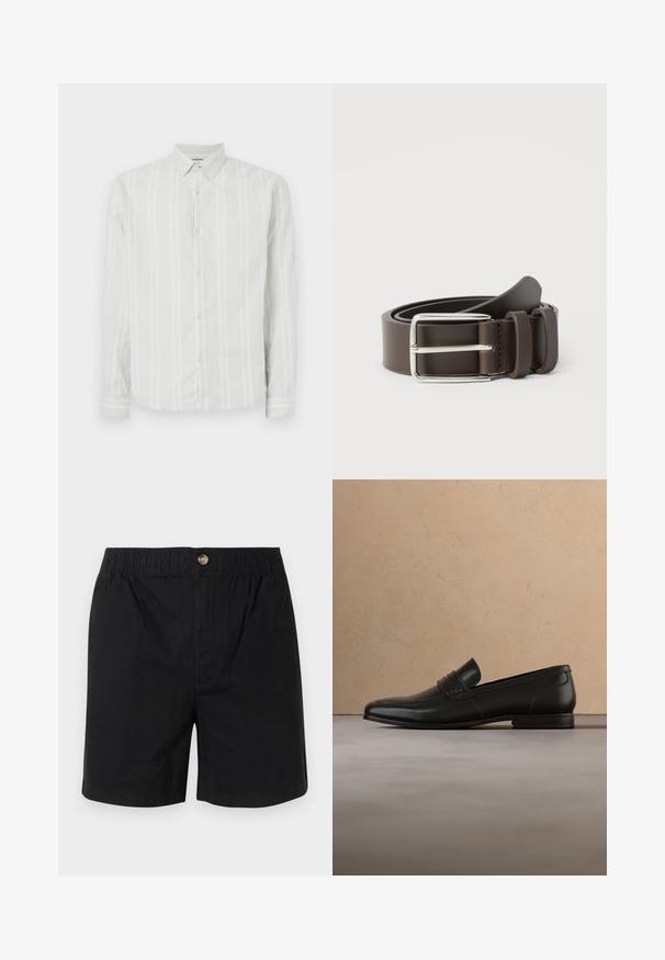 Lichtgrijs langemouwen shirt met witte verticale strepen, knopenlijst aan de voorkant en een klassieke kraag. Bevat manchetdetails op de mouwen.; Zwarte katoenen shorts met elastische tailleband en enkele knoopsluiting aan de voorkant, met een rechte snit en halflange pijpen tot halverwege de dij.; Zwarte leren loafer schoenen zwevend in de lucht boven een beige tapijt met een beige bank op de achtergrond.; Bruine leren riem met een zilveren metalen gesp, met een gladde textuur en een eenvoudig ontwerp. Voorzien van een lus voor aanpassing en bevestiging.
