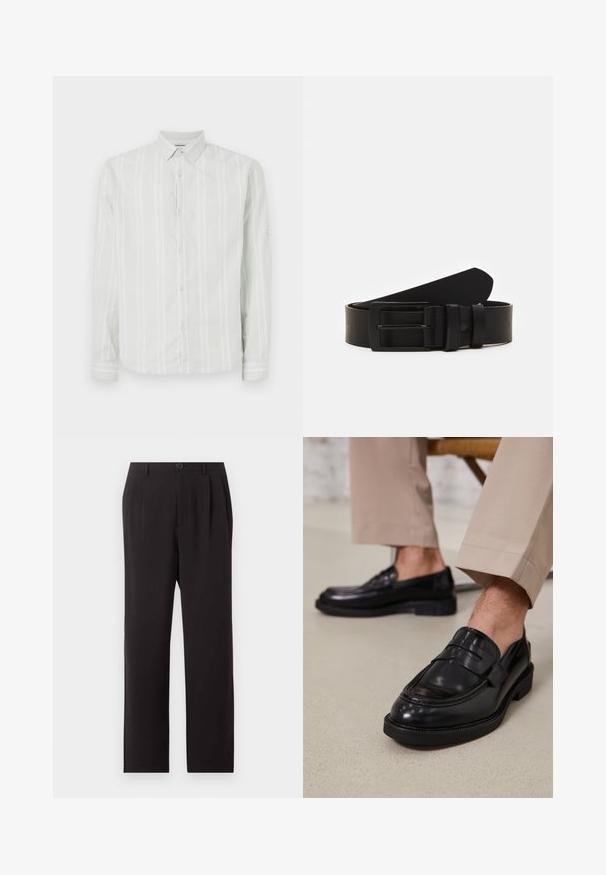 Camisa de manga larga gris claro con rayas verticales blancas, con botones en el frente y un cuello clásico. Presenta detalles en los puños de las mangas.; Pantalones negros de talle alto confeccionados a medida con pliegues, cierre de botones, trabillas para cinturón y piernas rectas sobre un fondo claro y liso.; Mocasines de cuero negro con un acabado suave, que cuentan con una correa decorativa y costuras en contraste, combinados con pantalones beiges.; Cinturón de cuero negro enrollado con una hebilla metálica rectangular negra mate y dos trabillas sobre un fondo blanco.