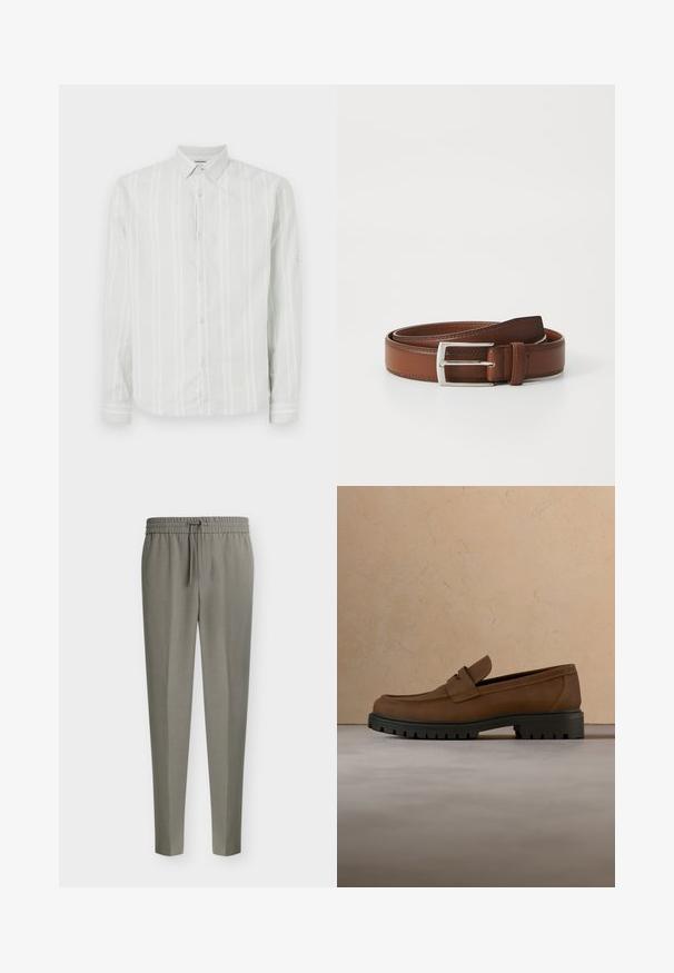Camisa de manga larga gris claro con rayas verticales blancas, con botones en el frente y un cuello clásico. Presenta detalles en los puños de las mangas.; Pantalones de hombre gris claro, de corte entallado, con piernas afiladas y una cintura elástica con cordón delantero.; Mocasín de cuero marrón oscuro con suela gruesa de goma negra, mostrado sobre una alfombra beige y fondo de sofá.; Cinturón de cuero marrón con un acabado liso, que presenta una hebilla de metal plateado y costuras sutiles a lo largo de los bordes. Diseño clásico y duradero.