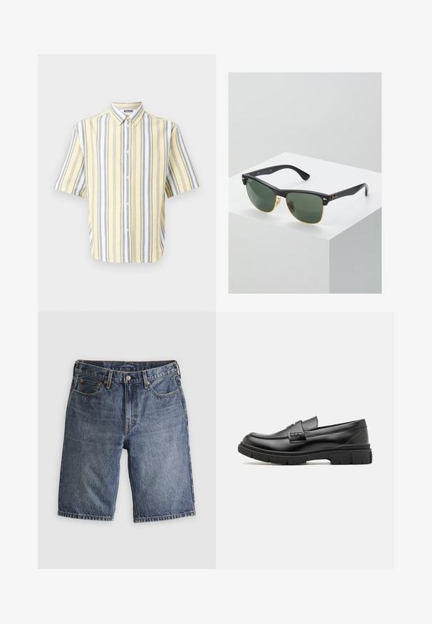 Chemise à manches courtes jaune avec des rayures verticales grises et blanches, dotée d'un col boutonné et d'une fermeture à boutons sur le devant.; Short en jean bleu avec poches avant, passants pour ceinture et fermeture par bouton, posé à plat sur un fond clair.; Mocassin en cuir noir avec une large sangle sur le devant, semelle en caoutchouc à épaisse rainure, et texture lisse. Design classique et élégant.; Lunettes de soleil Ray-Ban avec des verres verts, monture en plastique noir et accents dorés sur les bords. Forme carrée avec une finition mate.