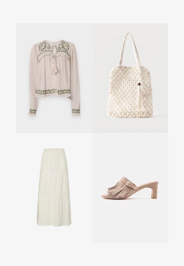 Lichtroze blouse met lange mouwen, versierd met ruches, groene bloemenborduursels op de aangeklede kraag en zoom, en een vastgebonden halslijn met een kwastje.; Witte, gelaagde maxi-rok van lichtgewicht, gestructureerde stof met een elastische tailleband. Bevat drie verschillende stofsecties.; Beige suède muiltjes met hoge hak, voorzien van een brede franjerand over de wreef, een gespdetail en een vierkante, middelhoogte hak.; Witte geweven katoenen draagtas met gevlochten handvatten en een hangende kwast met een houten kraaldetail.