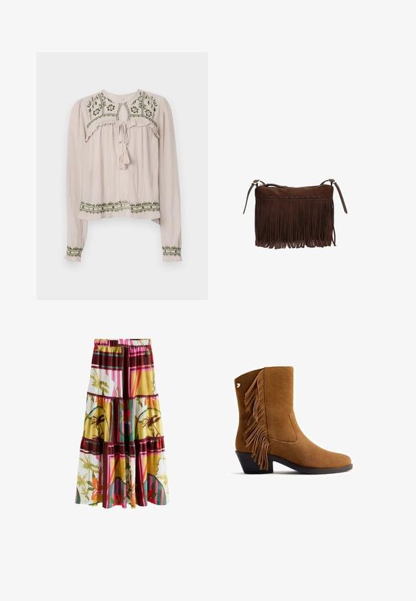 Blusa de manga larga rosa claro con acentos con volantes, bordado floral verde en el pecho y el dobladillo, y cuello atado con un borlón.; Falda larga de capas con cintura elástica, con patrones geométricos y florales multicolores en tonos amarillos, verdes, rosas, rojos y marrones.; Botín de ante marrón con detalle de flecos en los laterales, puntera redondeada y tacón bajo tipo bloque. Presenta una textura suave y un diseño limpio y sencillo.; Bolso de hombro de ante marrón con largas borlas flecos y correas ajustables, cierre de cremallera a lo largo del borde superior.