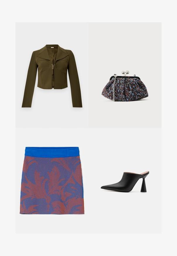 Veste cropped olive verte avec un design structuré, des revers nets, des manches longues et une fermeture à crochet à l'avant, fabriquée en tissu lisse.; Jupe à côtes avec une ceinture bleue, ornée d'un motif floral dans des tons orange et bleu foncé sur un fond texturé.; Mules en cuir noir avec un bout pointu et un talon conique unique. Texture lisse et design minimaliste, à dos ouvert pour un enfilage facile.; Pochette en tissu noir texturé avec motif floral multicolore, fermeture à clip en métal et bandoulière en chaîne argentée. Forme arrondie et design plissé.
