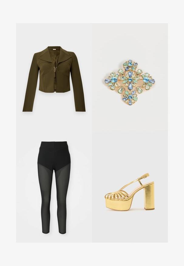 Veste cropped olive verte avec un design structuré, des revers nets, des manches longues et une fermeture à crochet à l'avant, fabriquée en tissu lisse.; Leggings noirs taille haute avec des panneaux en maille semi-transparente sur les cuisses avant et les jambes inférieures, design sans couture, silhouette ajustée.; Sandale plateforme métallique dorée avec devant à cage ouverte, bride de cheville avec boucle, et talon haut épais sur un fond clair.; Broche en or ornée de quatre formes de fleurs composées de pierres précieuses facettées bleues, vertes et transparentes disposées en un motif symétrique.