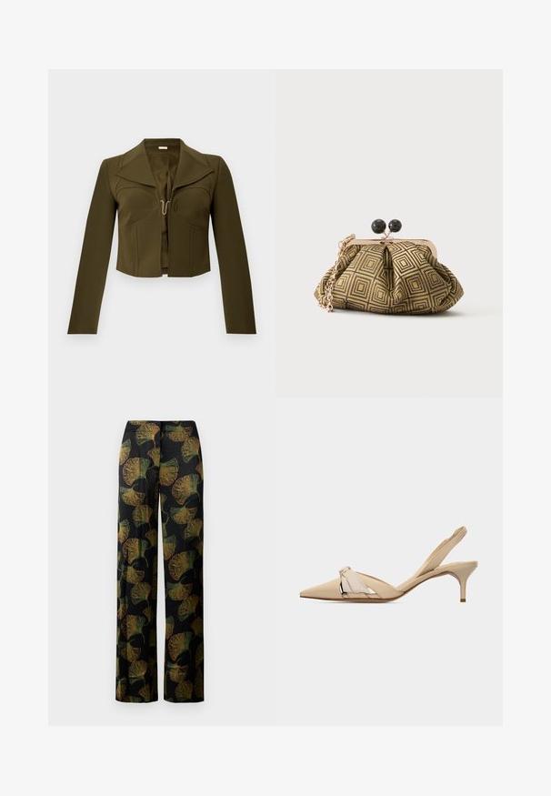 Veste cropped olive verte avec un design structuré, des revers nets, des manches longues et une fermeture à crochet à l'avant, fabriquée en tissu lisse.; Pantalons larges noirs avec un imprimé de feuilles de ginkgo vertes et oranges. Le tissu a une texture subtile, mettant en valeur le motif dans son ensemble.; Chaussure beige à bouts pointus avec bride arrière, talon kitten bas et fin, et nœud décoratif sur la tige.; Petite pochette avec motif géométrique doré et noir, cadre en métal doré, fermeture à boule noire et une courte chaîne dorée.