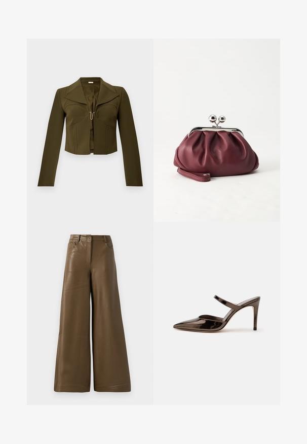 Veste cropped olive verte avec un design structuré, des revers nets, des manches longues et une fermeture à crochet à l'avant, fabriquée en tissu lisse.; Pantalons à jambes larges en simili cuir marron lisse. Présentent une taille haute, quatre poches et une fermeture éclair sur le devant. Texture plate et design minimaliste.; Mule à talon haut marron foncé brillant à bout pointu avec une fine bride sur le coup de pied sur fond blanc uni.; Petit sac pochette en cuir bordeaux avec fermoir métallique argenté et bracelet sur fond blanc.