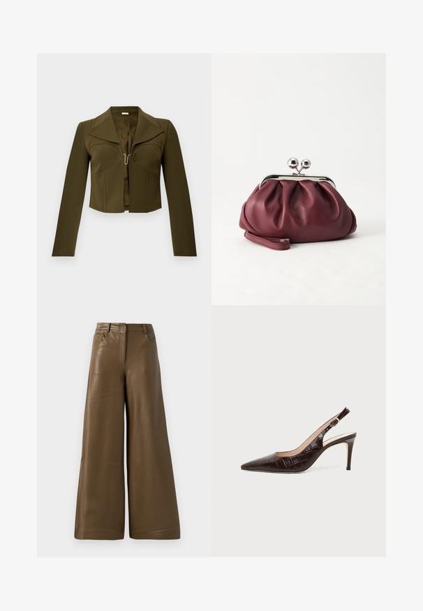 Veste cropped olive verte avec un design structuré, des revers nets, des manches longues et une fermeture à crochet à l'avant, fabriquée en tissu lisse.; Pantalons à jambes larges en simili cuir marron lisse. Présentent une taille haute, quatre poches et une fermeture éclair sur le devant. Texture plate et design minimaliste.; Escarpin slingback en cuir brun foncé à texture crocodile, bout pointu et talon stiletto de hauteur moyenne sur fond uni.; Petit sac pochette en cuir bordeaux avec fermoir métallique argenté et bracelet sur fond blanc.