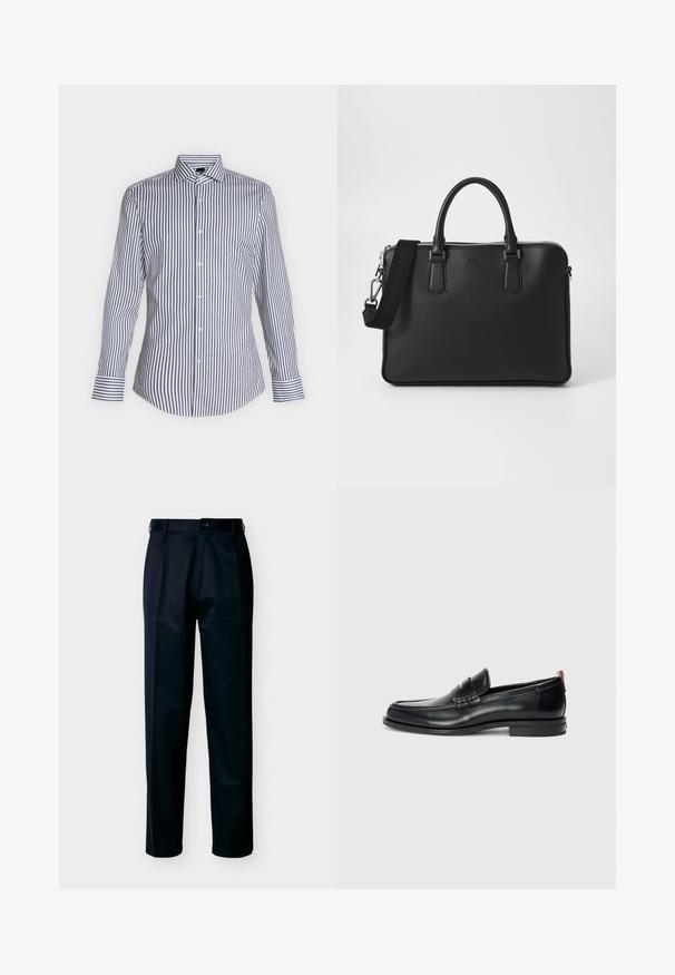 Chemise blanche à manches longues avec fines rayures verticales noires, boutonnée sur le devant, avec col pointu, présentée sur un fond clair uni.; Pantalon homme droit noir avec fermeture à bouton et zip, passants pour ceinture et poches avant, présenté sur fond blanc.; Mocassins en cuir noir au design élégant, à bout arrondi, avec une texture sur le devant et une semelle en caoutchouc pour une meilleure adhérence. Équipés d'une tirette à l'arrière.; Sac en cuir noir avec surface texturée, deux poignées et une bandoulière amovible. Il présente des fermetures éclair en argent et des éléments de design minimalistes.