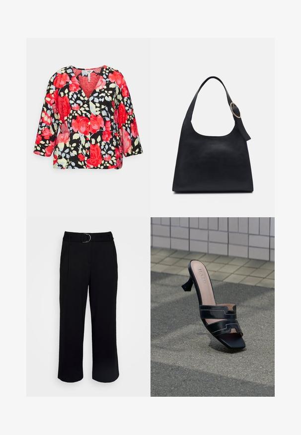 Object Curve OBJLIMONE TOP - Blouse - hot coralaop/flowers; Vero Moda Curve VMBAILEY PAPERBAG WIDE BELT - Pantalon classique - black; Mule à talon noir à bout ouvert avec double brides et bout carré sur un pavé texturé devant un mur carrelé.; Sac en cuir noir avec une texture lisse, un corps arrondi et une seule anse, ornée d'un accent en métal doré rond.