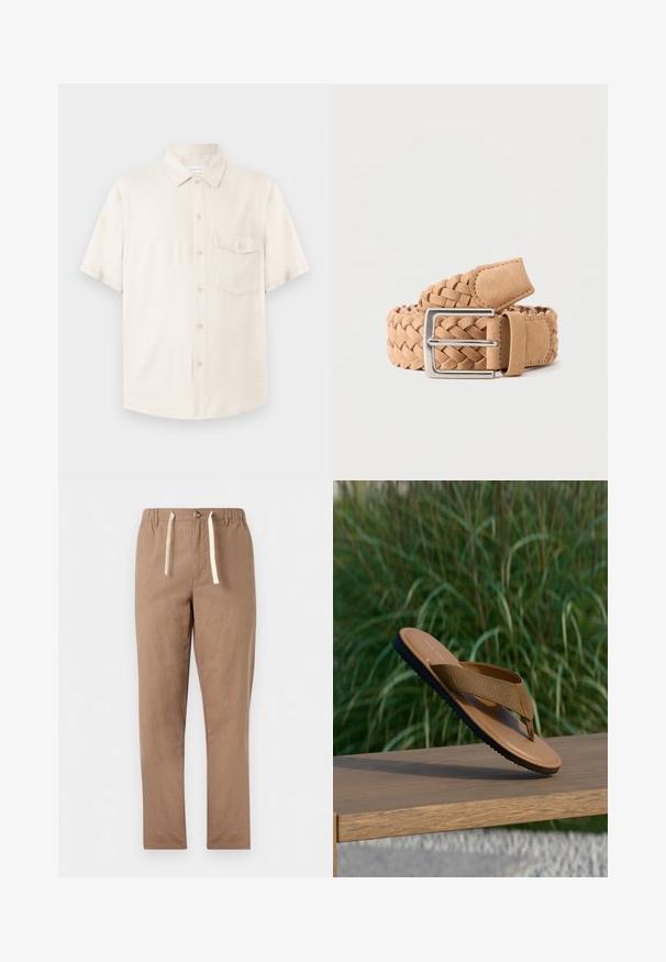 Chemise beige à manches courtes avec boutons, col pointu et une poche poitrine boutonnée, présentée à plat sur un fond clair.; Pantalon marron clair à coupe droite avec taille élastique, fermeture par bouton et cordons blancs.; Sandale tong marron avec bride texturée et semelle noire, posée sur le bord d'un banc en bois, plantes vertes floues en arrière-plan.; Ceinture tressée en daim marron clair avec une boucle rectangulaire en métal argenté, roulée sur un fond uni clair.