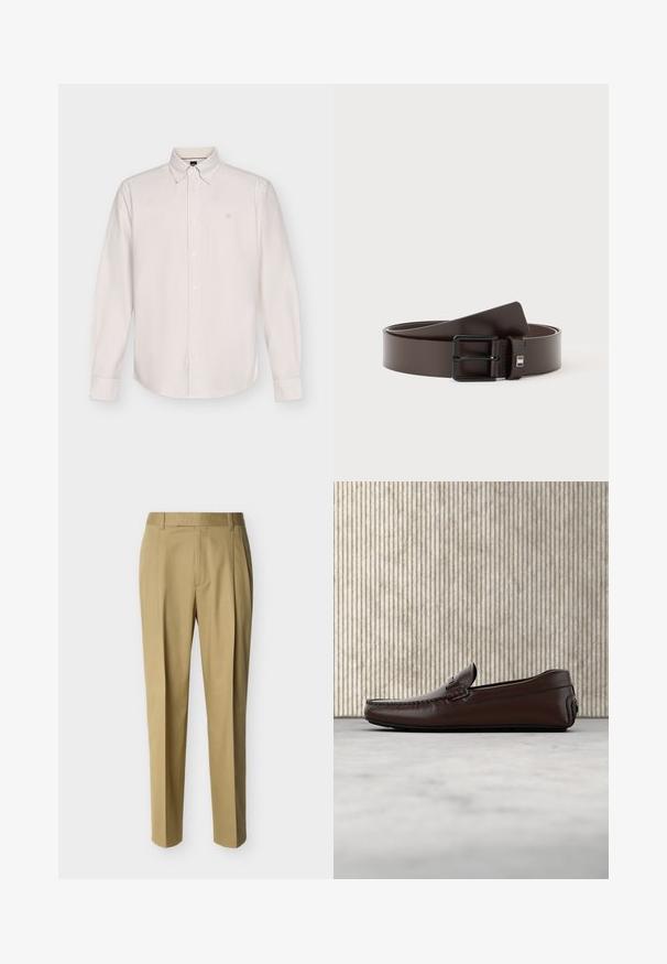 Chemise blanche à manches longues avec fines rayures verticales, boutonnée à l'avant, col boutonné et logo discret sur la poitrine.; Pantalon beige ajusté avec passants de ceinture et pli frontal, présenté sur un fond clair uni.; Mocassins en cuir marron avec une finition lisse, des coutures de style mocassin, un bout rehaussé et une semelle en caoutchouc basse et flexible.; Ceinture en cuir marron foncé avec une boucle métallique rectangulaire noire, enroulée sur un fond blanc.