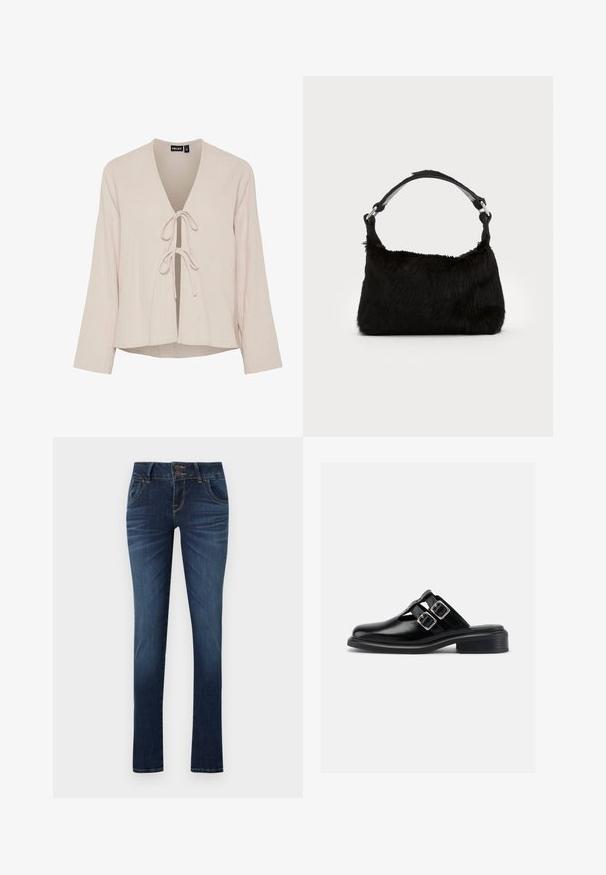 Blouse beige clair avec un décolleté en V profond, des manches longues et une fermeture à nouer à l'avant. Fabriquée en tissu texturé et doux avec une coupe décontractée.; Jean skinny en denim bleu foncé. Comprend une fermeture à deux boutons et cinq poches. Des coutures décoratives parcourent l'avant et l'arrière.; Chaussure à enfiler en cuir noir avec deux boucles argentées, côtés ouverts, bout rond et talon bas empilé, montrée de profil sur fond blanc.; Sac à main en fausse fourrure noire avec une texture douce, une forme arrondie et une bandoulière en cuir noir robuste. Accent en métal argenté visible.