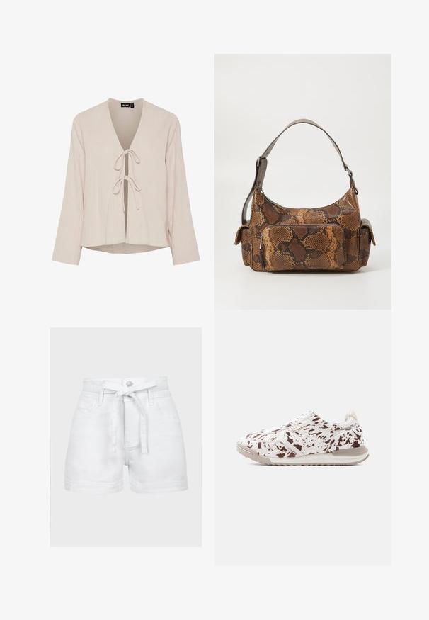 Blouse beige clair avec un décolleté en V profond, des manches longues et une fermeture à nouer à l'avant. Fabriquée en tissu texturé et doux avec une coupe décontractée.; Short en denim blanc taille haute avec poches avant et ceinture en tissu nouée en nœud à la taille.; Baskets basses avec une base blanche et un motif de cuir de vache brun foncé, semelle beige, et logo de marque doré subtil sur le côté.; Sac à main en imitation serpent marron avec une surface texturée, un design arrondi, une bandoulière unique et une poche zippée à l'avant.