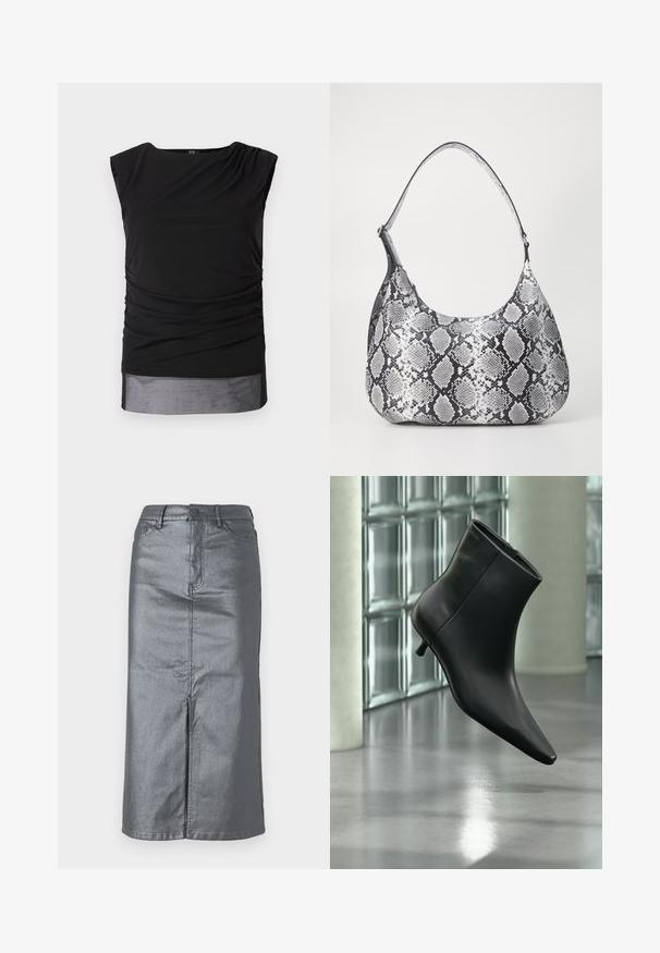 Zwart mouwloos topje van rekbaar materiaal, met gathered zijkanten, een boot neckline en een doorschijnende onderboord.; Metalen grijze spijkerrok met een rechte vorm, een split aan de voorkant, een ontwerp met vijf zakken en een knoopsluiting in de taille. Plat gestikte naden zijn zichtbaar.; Zwarte leren enkellaars met spits toelopende neus en lage kittenhak, schuin weergegeven tegen een gepolijste vloer en een glazen blokken muur als achtergrond.; Zwart-witte slangenprint schoudertas met een afgeronde vorm, een gladde textuur en een ronde strap. Voorzien van een zilveren hardwareaccent.