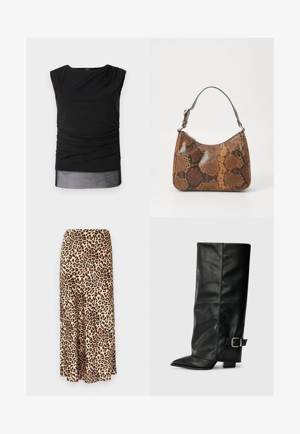 Schwarzes ärmelloses Top aus dehnbarem Stoff, mit gerafften Seiten, weitem Rundhalsausschnitt und durchscheinendem unteren Saum.; Langer Rock mit Leopardenmuster aus glattem Material. Beige Grundfarbe mit schwarzen und braunen Flecken. Ausgestellte Form mit geradem Saum.; Schwarze Lederstiefeletten in Knöchellänge mit spitzem Zehenbereich, glatter Oberfläche und silberner Schnallenakzent an der Seite. Massiver, quadratischer Absatz.; Kleine Handtasche mit braunem und schwarzem Schlangenledermuster, kurzem verstellbarem Tragegurt und Reißverschluss.