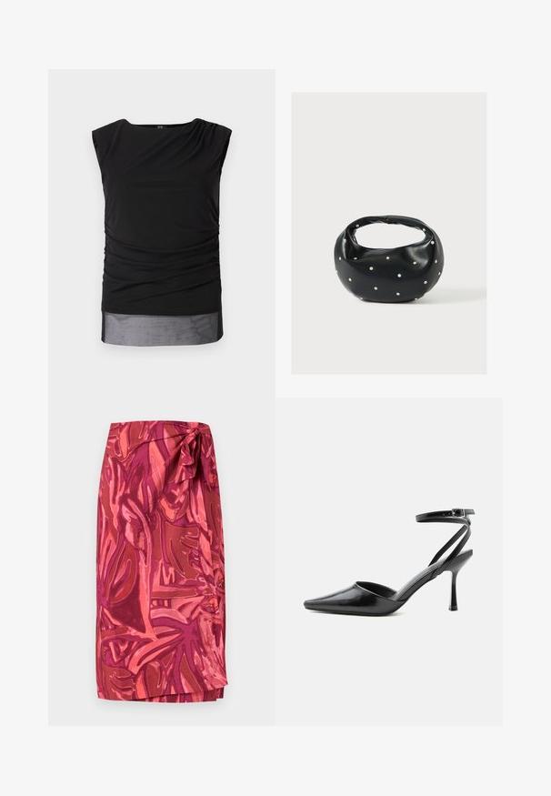 Top sin mangas negro hecho de tela elástica, con lados fruncidos, cuello de barco y un dobladillo inferior transparente.; Falda cruzada con patrón floral abstracto en tonos rosa y rojo, anudada en la cintura, de longitud midi.; Zapato de tacón alto negro de punta fina con delgadas correas en el tobillo y cierre de hebilla plateada sobre un fondo liso claro.; Bolso de mano de cuero negro con forma redondeada, decorado con detalles de tachuelas plateadas y un asa corta. Textura lisa y cierre con cremallera.