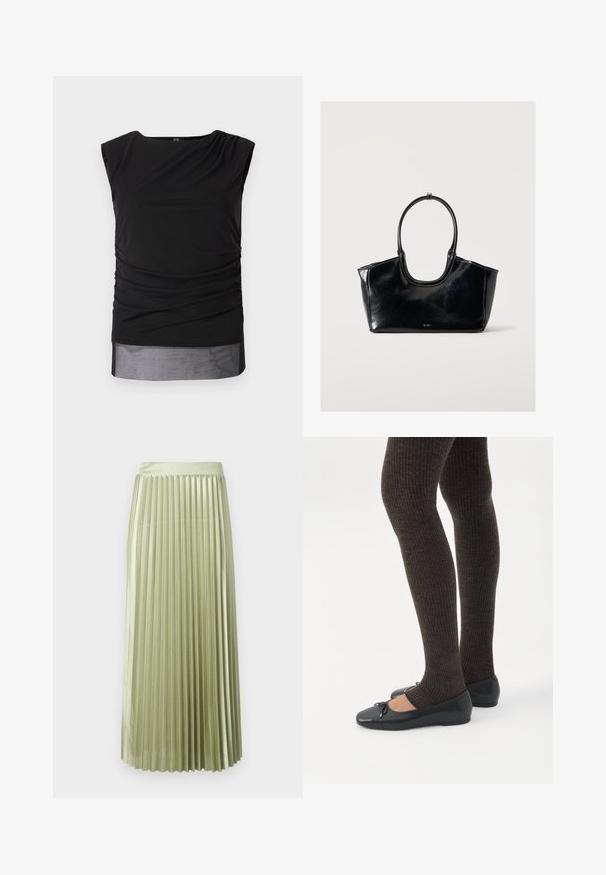Zwart mouwloos topje van rekbaar materiaal, met gathered zijkanten, een boot neckline en een doorschijnende onderboord.; Plissé midi-jurk in lichtgroen satijn met een gladde textuur. Aansluitende tailleband, valt tot halverwege de kuit, met gelijke verticale plooien over het geheel.; Benen met donkere geribbelde leggings gecombineerd met zwarte ballerina's met kleine strikdetails op een witte achtergrond.; Zwarte glanzende leren handtas met een groot ovaal handvat en subtiel logo aan de voorkant tegen een effen lichte achtergrond.