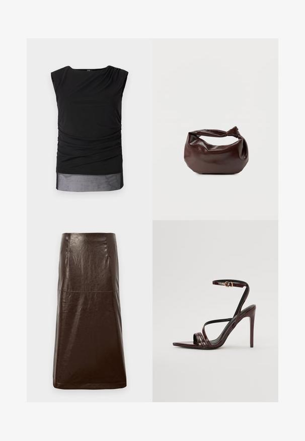 Zwart mouwloos topje van rekbaar materiaal, met gathered zijkanten, een boot neckline en een doorschijnende onderboord.; Bruine leren rok met een gladde textuur, rechte silhouet en subtiele glans. Heeft een knie-lange snit en minimale stikdetails.; Bordeaux gepatineerde leren hoge hakken sandaal met een enkelbandje, puntige neus en drie horizontale banden over de voet. Details met gouden gesp.; Donkerbruine leren schoudertas met een zachte, slungelige vorm en een gedraaide knoopvormige handgreep op een effen witte achtergrond.