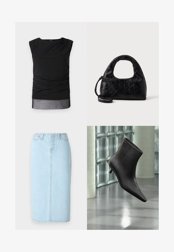 Schwarzes ärmelloses Top aus dehnbarem Stoff, mit gerafften Seiten, weitem Rundhalsausschnitt und durchscheinendem unteren Saum.; Helle blaue Denim-Bleistiftrock mit hoher Taille, Fünf-Taschen-Design und subtilen Stickdetails entlang der Nähte.; Schwarzer Leder-Knöchelstiefel mit spitzer Spitze und kleinem Absatz vor einer Wand aus Glasbausteinen und einem polierten Boden.; Schwarze Lederhandtasche mit einem geschwungenen Schultergriff, subtilen Rautenmuster und einem abnehmbaren Schulterriemen. Die Textur ist glatt mit geprägten Details.