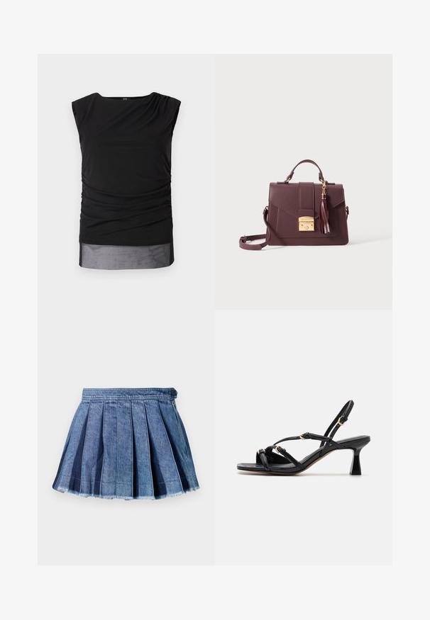 Schwarzes ärmelloses Top aus dehnbarem Stoff, mit gerafften Seiten, weitem Rundhalsausschnitt und durchscheinendem unteren Saum.; Blauer Jeans-Passeminirock mit einem Knopf und seitlichem Reißverschluss, mit fransigem Saumdetail.; Call it Spring DIANAH - Riemensandalette - black; Burgunderfarbene strukturierte Handtasche aus synthetischem Leder. Verfügt über einen metalischen Verschluss in Goldtönen, einen abnehmbaren Schultergurt und eine Quaste als Akzent.