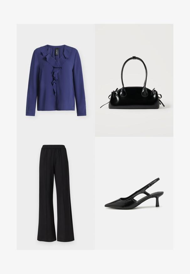 Blouse bleu marine à manches longues avec col en V volanté et devant, en tissu lisse, présentée sur fond blanc.; Pantalon noir à jambes larges avec taille élastique et détails de coutures verticales, présenté sur un fond blanc uni.; Escarpins noirs à talon ouvert avec un embout pointu, fabriqués en matériau brillant, présentant des accents découpés et un talon modéré pour un bon soutien.; Petit sac à main noir brillant avec deux longues anses et des détails à cordon sur les côtés sur un fond clair uni.