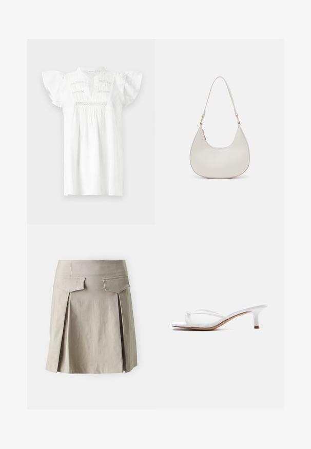 Blusa blanca de manga corta con escote en V, textura fruncida y detalles de encaje horizontal a lo largo del cuerpo. Tejido de algodón suave.; Falda plisada beige con corte recto, que cuenta con dos bolsillos traseros y una textura suave. La tela parece ligera y casual.; Sandalia blanca de tacón tipo slip-on con tacón bajo de aguja y parte superior transparente con un pequeño nudo decorativo en la parte delantera.; Bolso de hombro de cuero crema con forma de media luna, correa delgada y sutil detalle de costuras. Diseño minimalista con acentos de hardware en tono dorado.